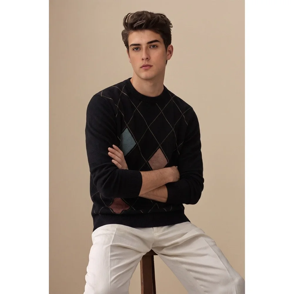 Raffi Cashmere Sweater Mens XL Black Argyle Crewneck 100% Pure Cashmere